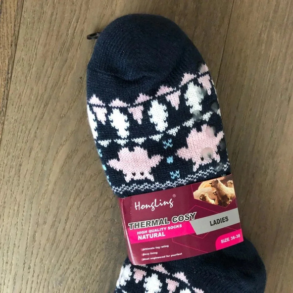 Hongling Thermal Fleece Lined Slipper Socks w Silicone Grip Dots Blu Wht Pnk NWT - Picture 7 of 12